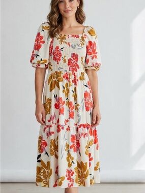 Floral Smocked Square Neck Midi Dress in Cream with Coral & Mustard